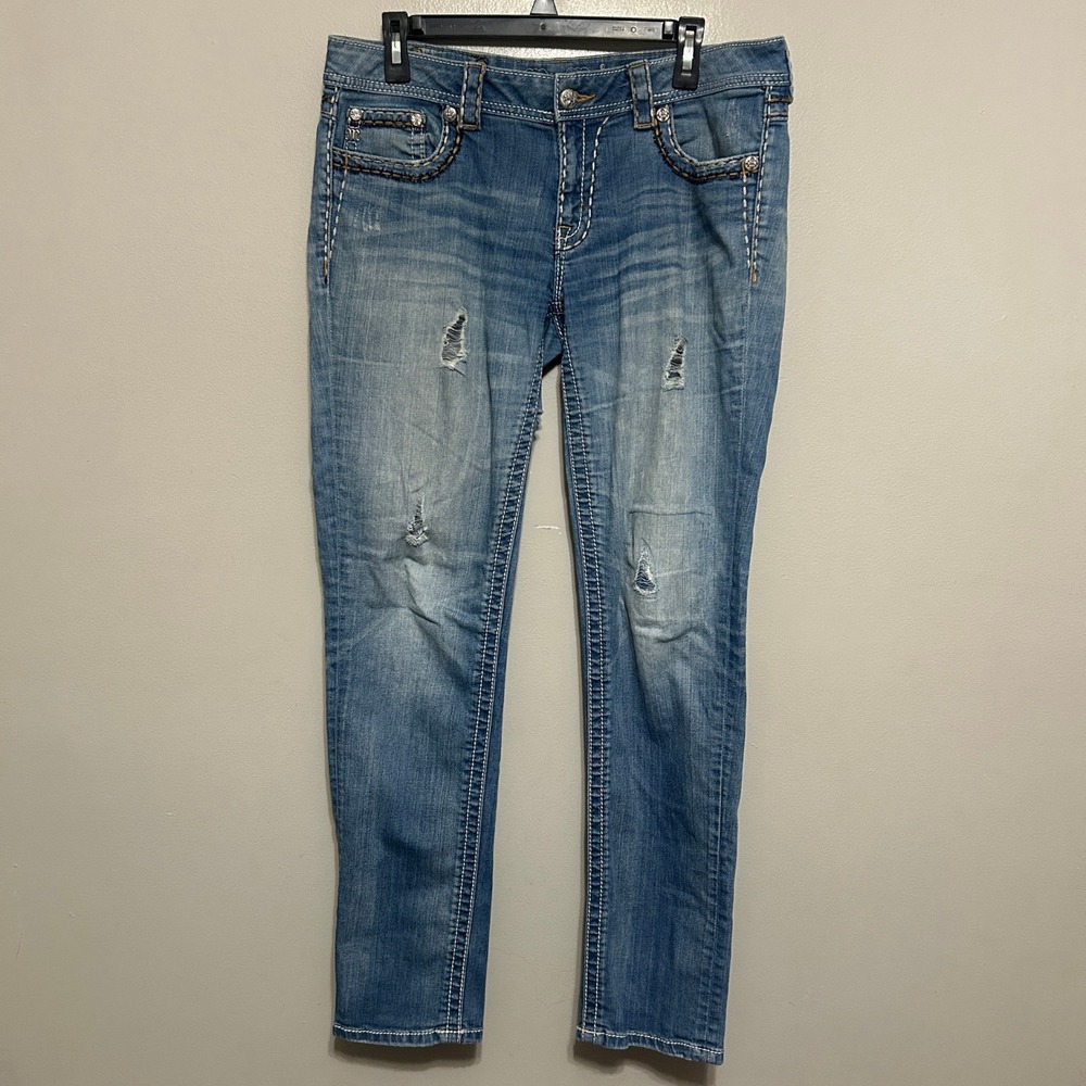 Miss Me Cuffed Skinny Jeans 32 Blue Distressed Embellished Y2k Bling Western